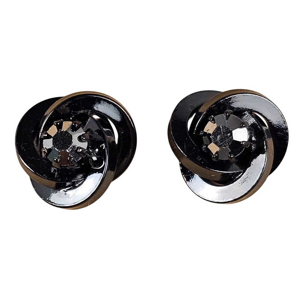 Vintage Black Swirl Rhinestone Pierced Earrings Glossy Statement Jewelry .5"